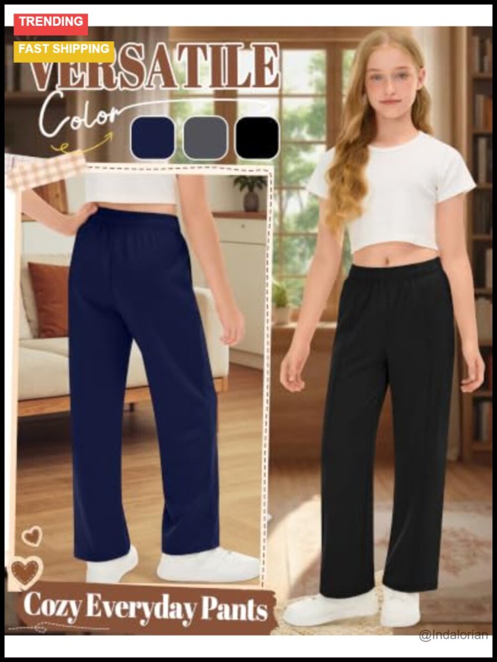 Girls Wide Leg Sweatpants 3 Pack 95% Polyester 5% Spandex Elastic Waist - Picture 5 of 5